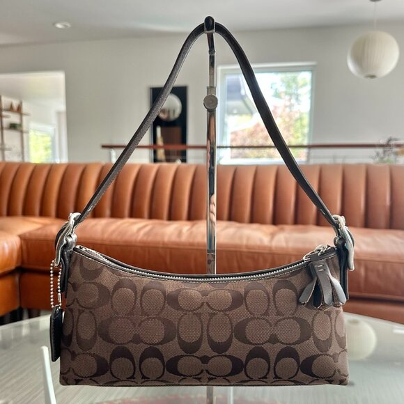 Coach Handbags - Vintage Y2K Coach Mini Brown Signature Logo Baguette Shoulder Bag 8K01